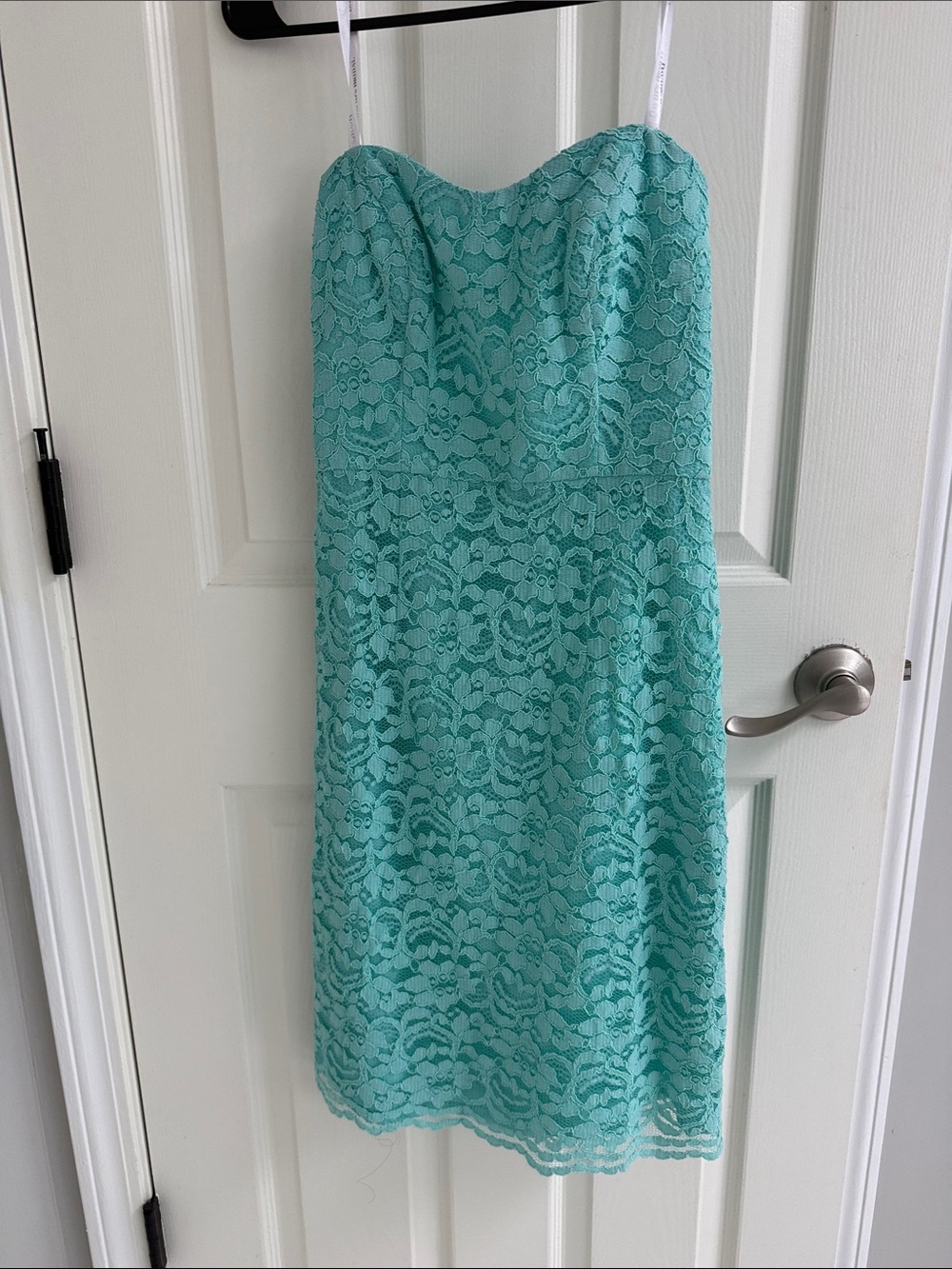 David's Bridal Strapless Lace Sheath Dress in Aqua Teal